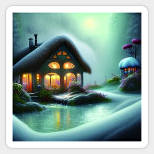 Sparkling Fantasy Cottage with Lights and Glitter Background in Snowy Scene, Scenery Nature Sticker